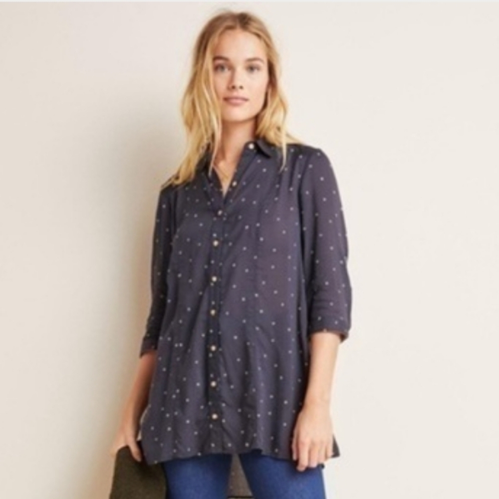 Anthropologie Maeve blue Polka-dot Tunic  button down shirt